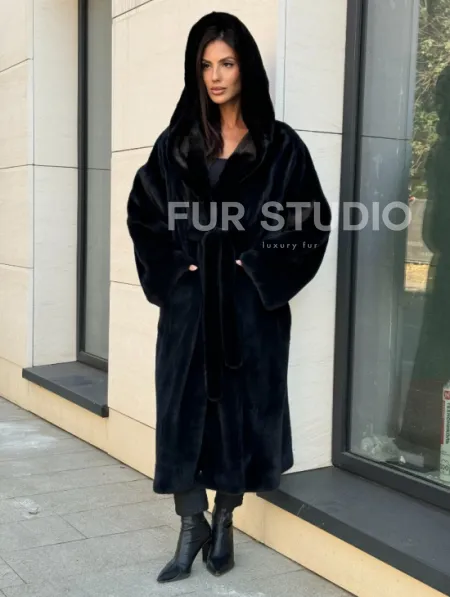 Норка кимоно BLACKGLAMA роспуск, капюшон кобра - фото 5