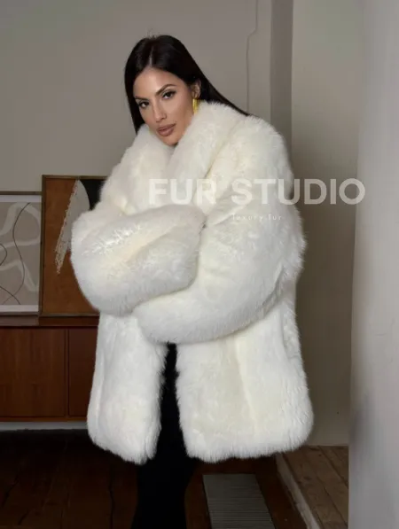Белая шуба из меха лисы - воротник шаль - фото 6
