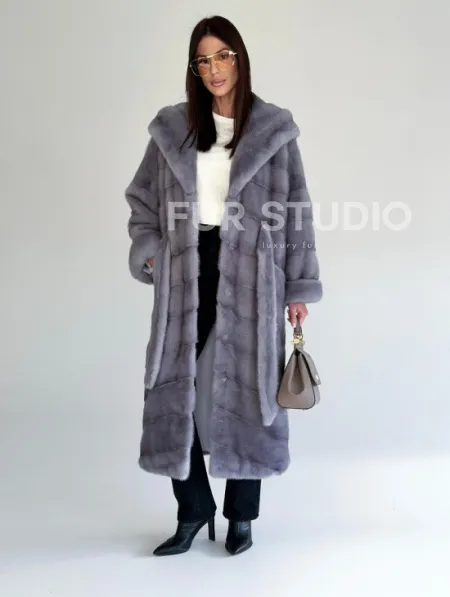 Удлиненная норковая шуба - кимоно с капюшоном - фото 0