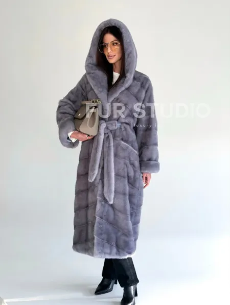 Удлиненная норковая шуба - кимоно с капюшоном - фото 18