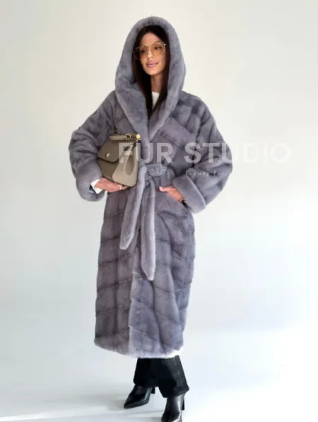 Удлиненная норковая шуба - кимоно с капюшоном - фото 11
