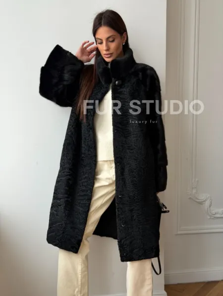 Шуба из каракуля с норкой - стойка воротник - фото 11