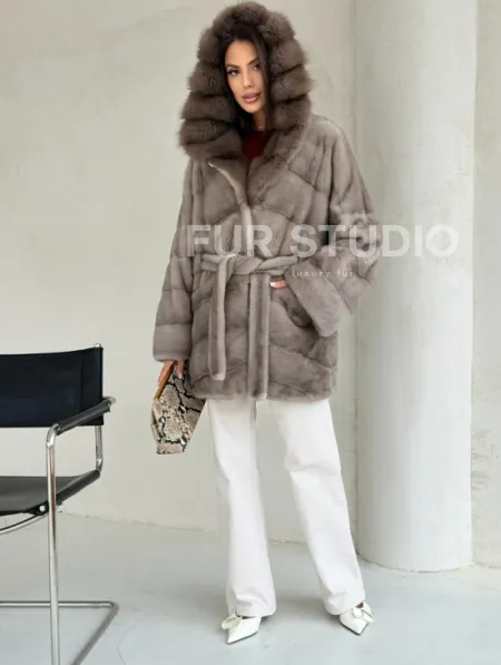 Серый норковый полушубок - капюшон куница - фото 3