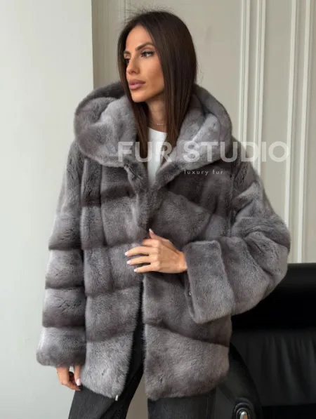 Норковый полушубок с капюшоном - цвет Platinum - фото 0