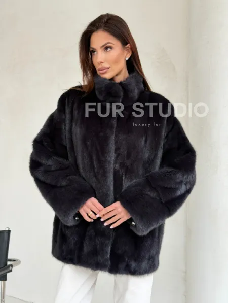 Норковый полушубок графит - стойка воротник - фото 4