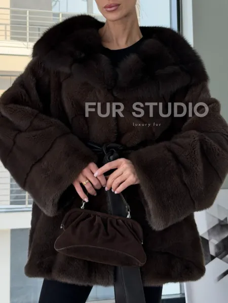 Норковая шуба кимоно с капюшоном куница - фото 3