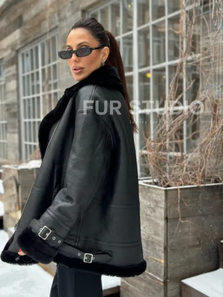 Черная дубленка авитор на овчине - фото 3