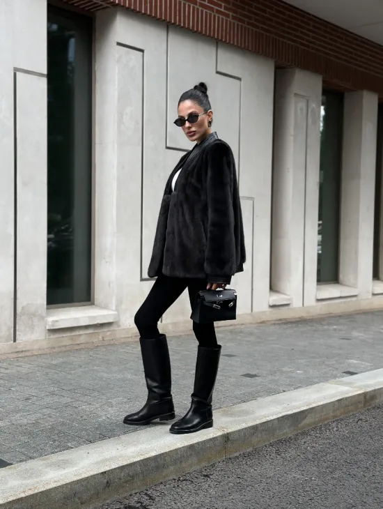 Жакет - шуба из меха норки с отделкой из кожи - графит - фото 9