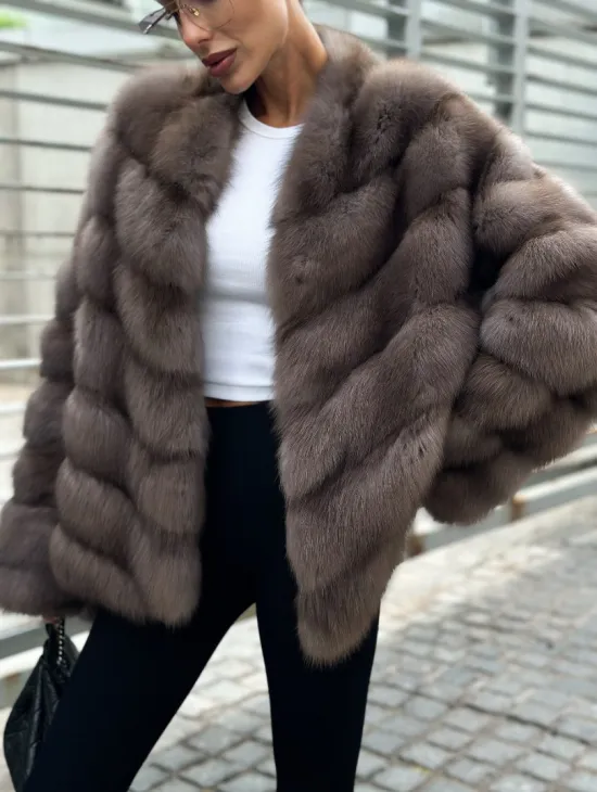 Меховой жакет - шуба из куницы цвет трюфель - фото 1