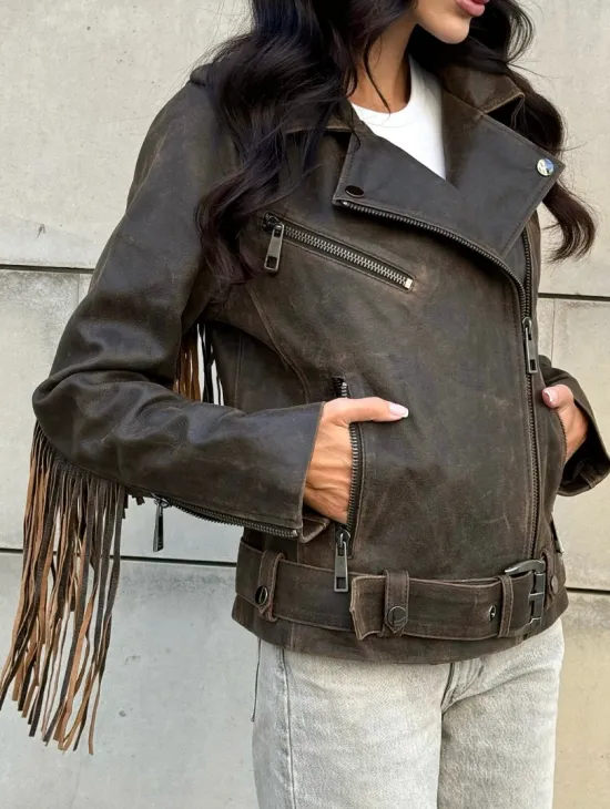 Куртка из натуральной кожи с бахромой «Vintage» - коричневая - фото 5