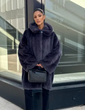 Норковая шуба с капюшоном,  роспуск - темный графит - фото 6