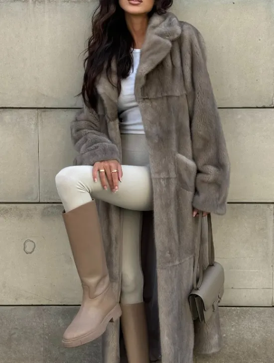 Норковая шуба цельный мех с поясом Luxury Line - цвет silver - фото 7