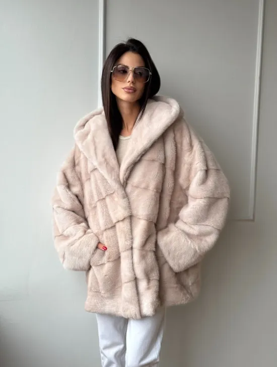 Зимняя норковая шуба цвет пудра с капюшоном - фото 11