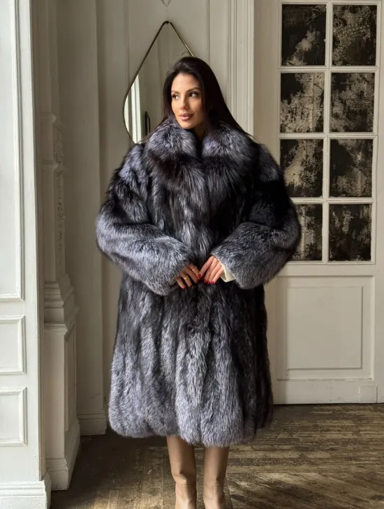 Длинная шуба из натурального меха чернобурки, воротник шаль - фото 7