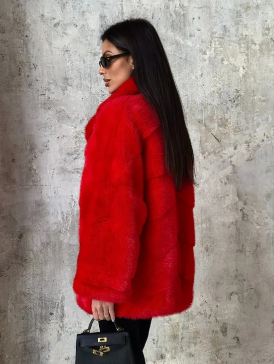 Красный полушубок из натурального меха норки - фото 4