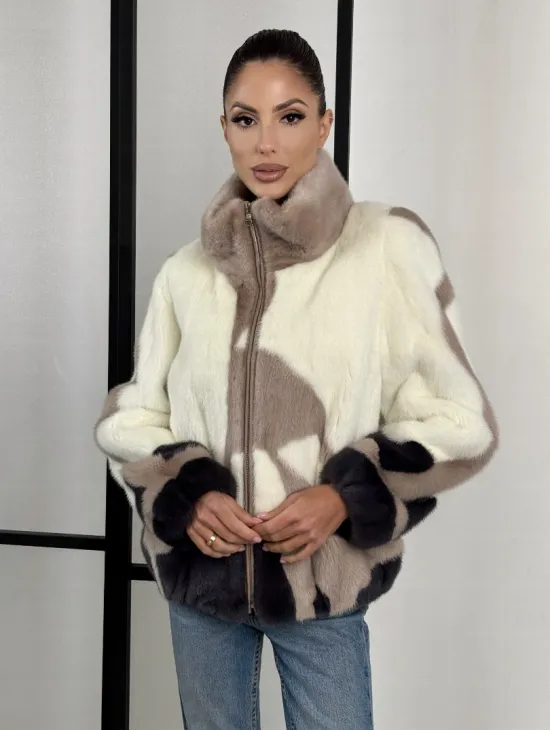 Норковый бомбер на молнии стойка воротник - фото 0
