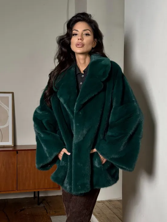 Изумрудная укороченная норковая шуба с английским воротником - фото 9
