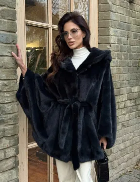 Меховое пончо из скандинавской норки с капюшоном - черный изумруд - фото 10