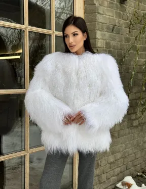 Шуба белая из меха ламы без воротника - фото 8