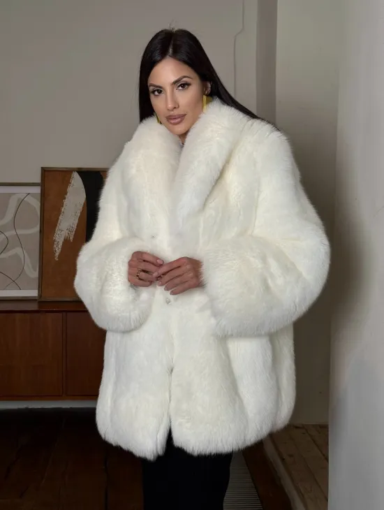 Белая шуба из меха лисы - воротник шаль - фото 5
