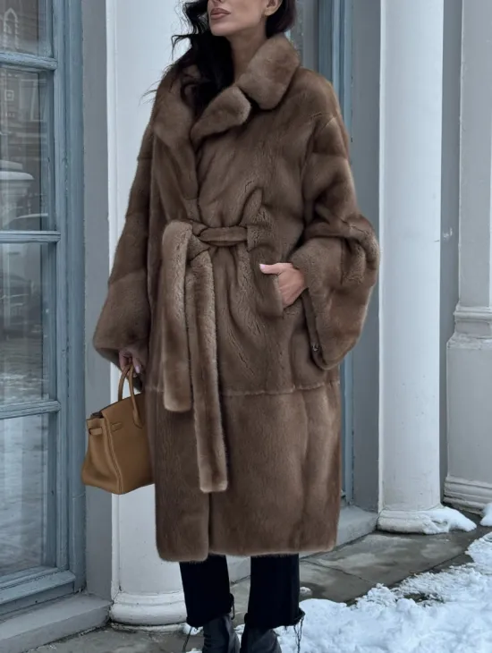 Плюшевая норковая шуба - кимоно с английским воротником - фото 2