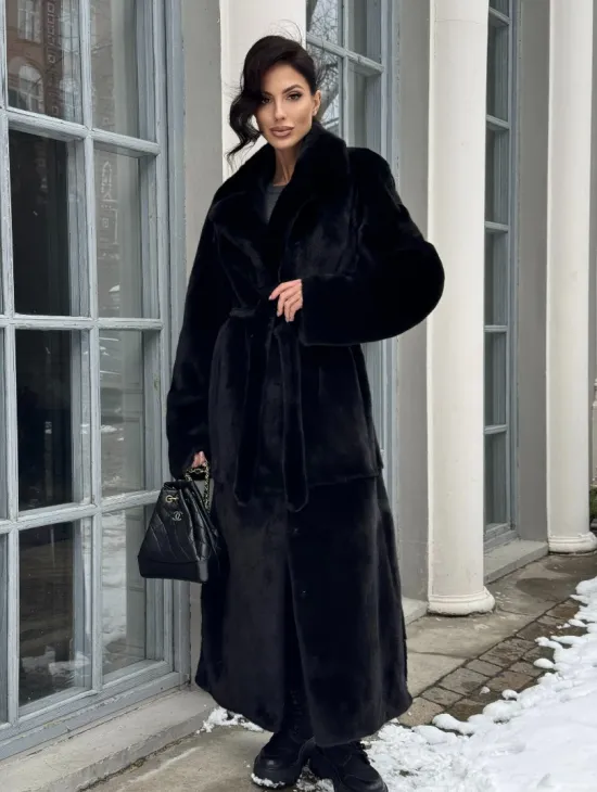 Классическая шуба из норки Blackglama с английским воротником и боковыми шлицами - фото 10