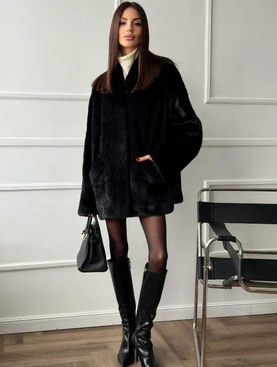 Жакет - шуба из норки BLACK с V-образным воротником, косыми карманами - фото 8