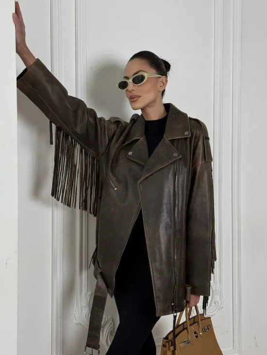 Косуха Vintage brown с кожаной бахромой на спине - фото 9