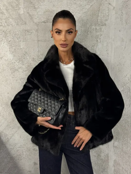 Черный норковый кроп - жакет с английским воротником - фото 0
