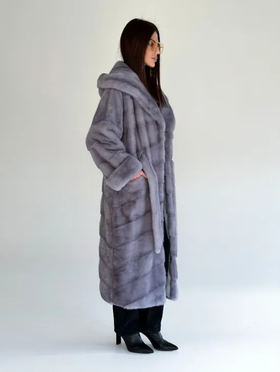 Удлиненная норковая шуба - кимоно с капюшоном - фото 12