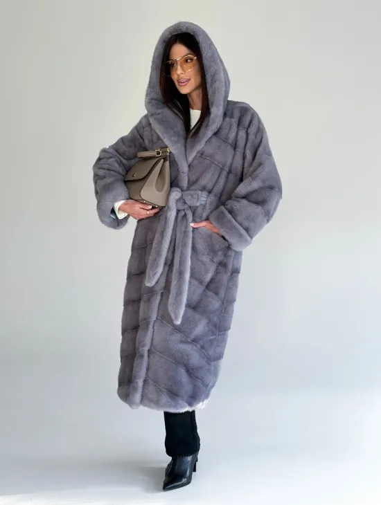 Удлиненная норковая шуба - кимоно с капюшоном - фото 13