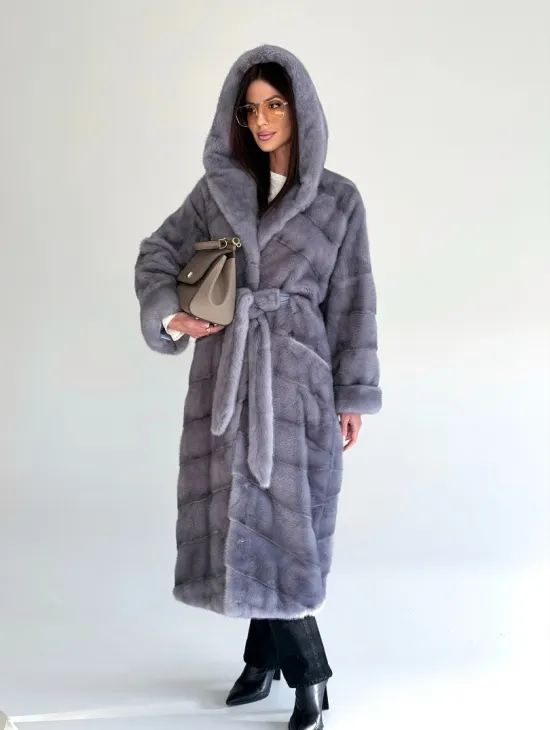 Удлиненная норковая шуба - кимоно с капюшоном - фото 18