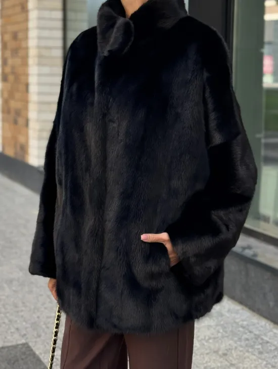 Элегантная черная шубка из меха норки - стойка воротник - фото 1