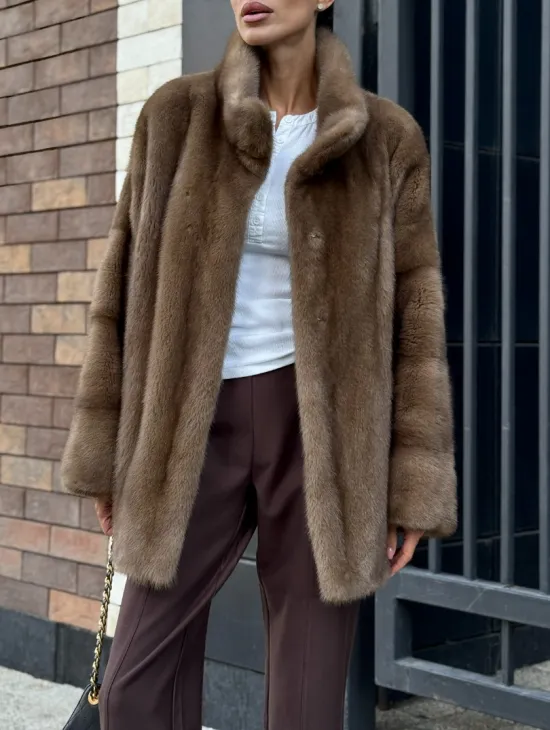 Шуба норковая пастель - стойка воротник - фото 3