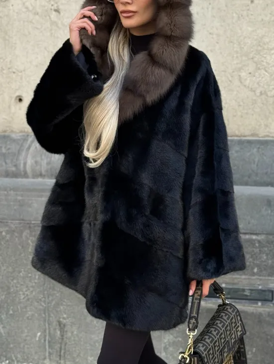 Черный норковый полушубок с капюшоном куница - фото 2