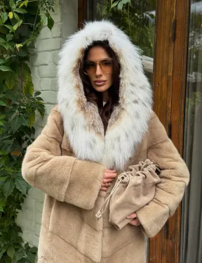 Бежевая норковая шуба с капюшоном рысь - фото 9