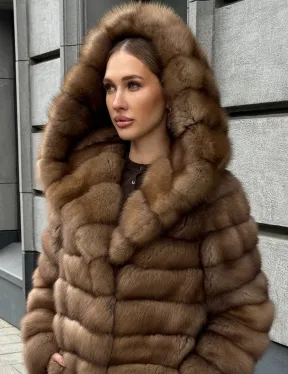 Шуба из натурального меха куницы с капюшоном - фото 5