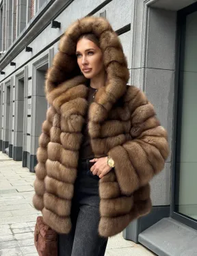 Шуба из натурального меха куницы с капюшоном - фото 16