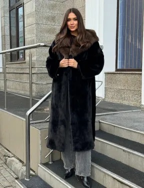 Черная норковая шуба с капюшоном куница - фото 10