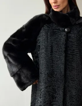 Шуба из каракуля с норкой - стойка воротник - фото 1