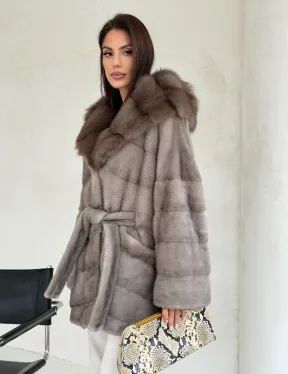 Серый норковый полушубок - капюшон куница - фото 9