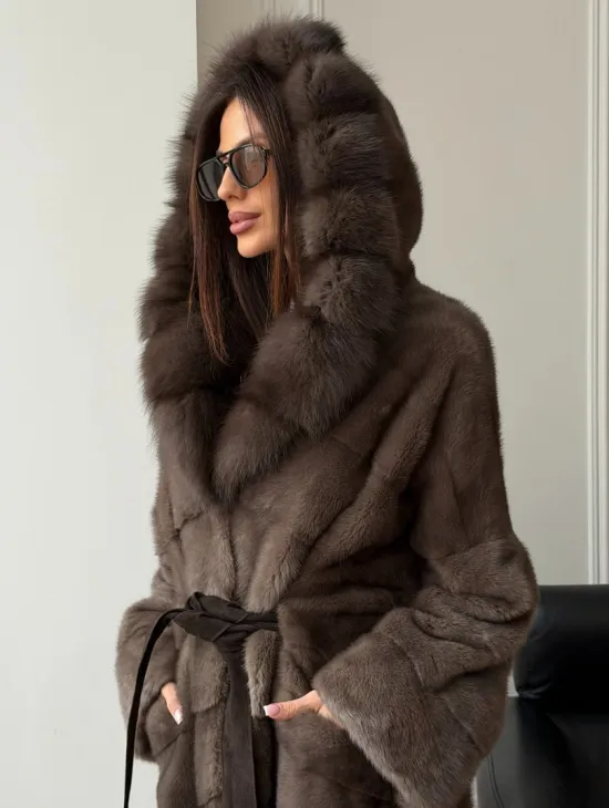 Шуба-кимоно с капюшоном куница - фото 6