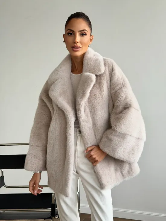 Светлый норковый полушубок - английский воротник - фото 0