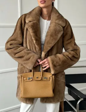 Полушубок норковый пастель с меховым поясом - фото 4