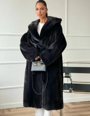 Шуба из норки BLACKGLAMA  с капюшоном в роспуск - фото 0