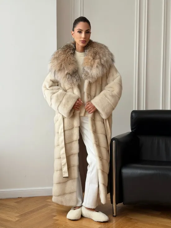 Длинная норковая шуба - капюшон из меха рыси - фото 11