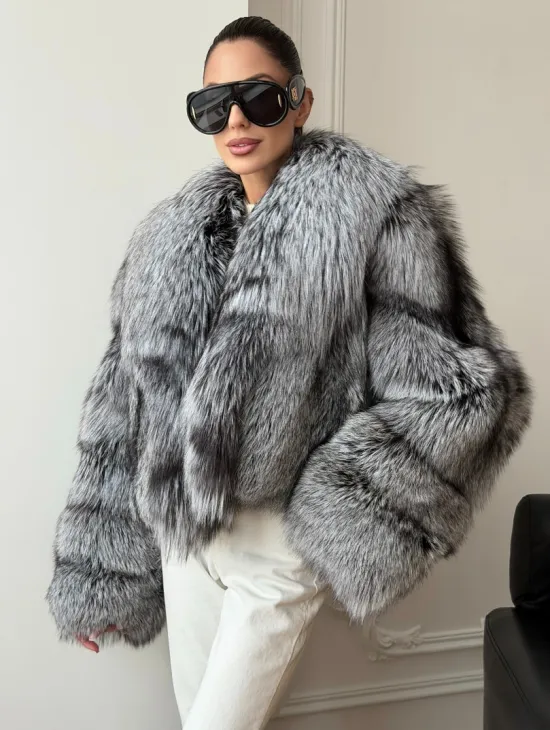 Кроп-полушубок с шалевым воротником из чернобурки - фото 4