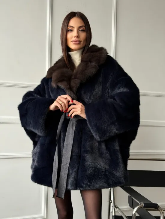 Норковый полушубок летучая мышь с воротником куницы  Dark Blue - фото 11