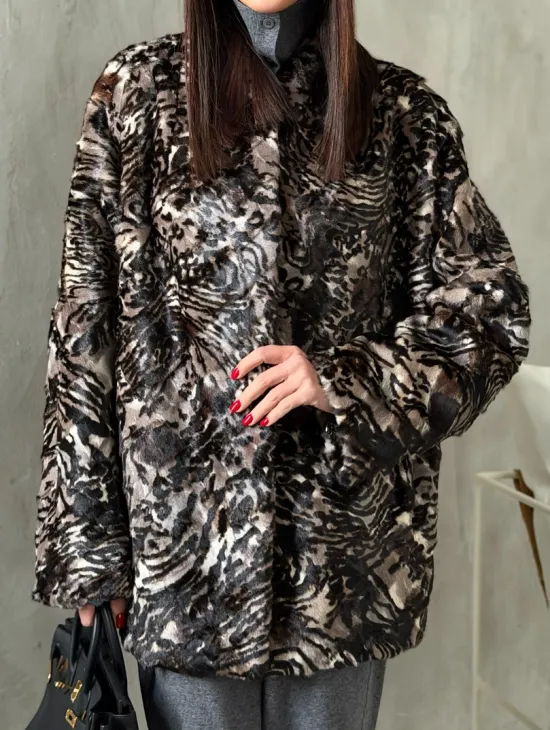 Шуба норковая из цветных кусочков в стиле оверсайз - фото 1