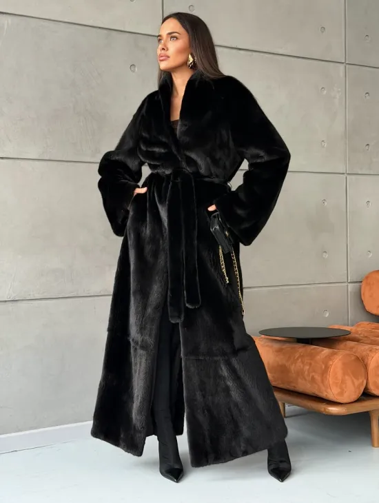 Длинная черная шуба из меха норки Saga furs - фото 6